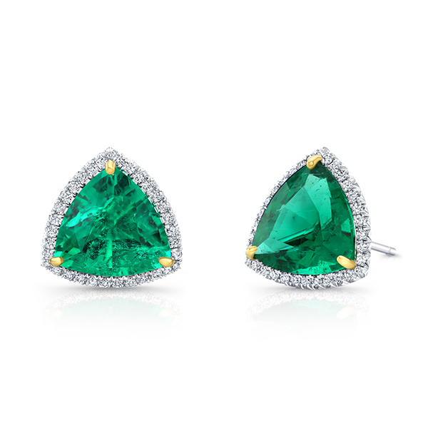 Platinum Emerald Trillion Cut with Diamond Halo Stud Earrings